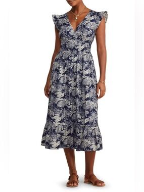 vineyard vines Ruffle Hem Cotton Stretch Poplin Dress toile nautical navy patter